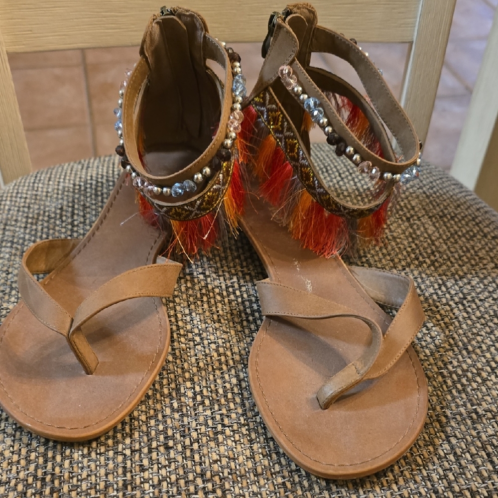 Limelight Tan Sandals with Red and Silver Beads